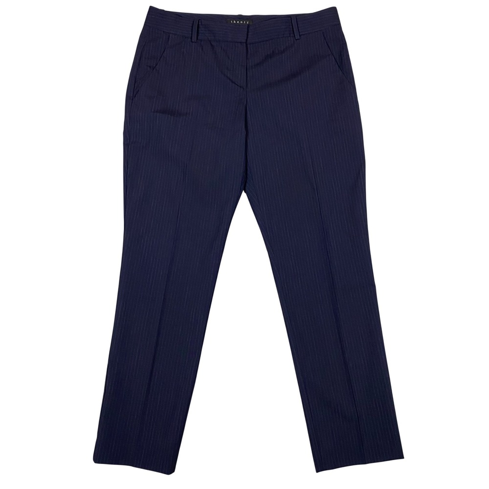 Theory Testra Tuck Stripe Pinstripe Wool Dress Pants Women 12 Navy Blue